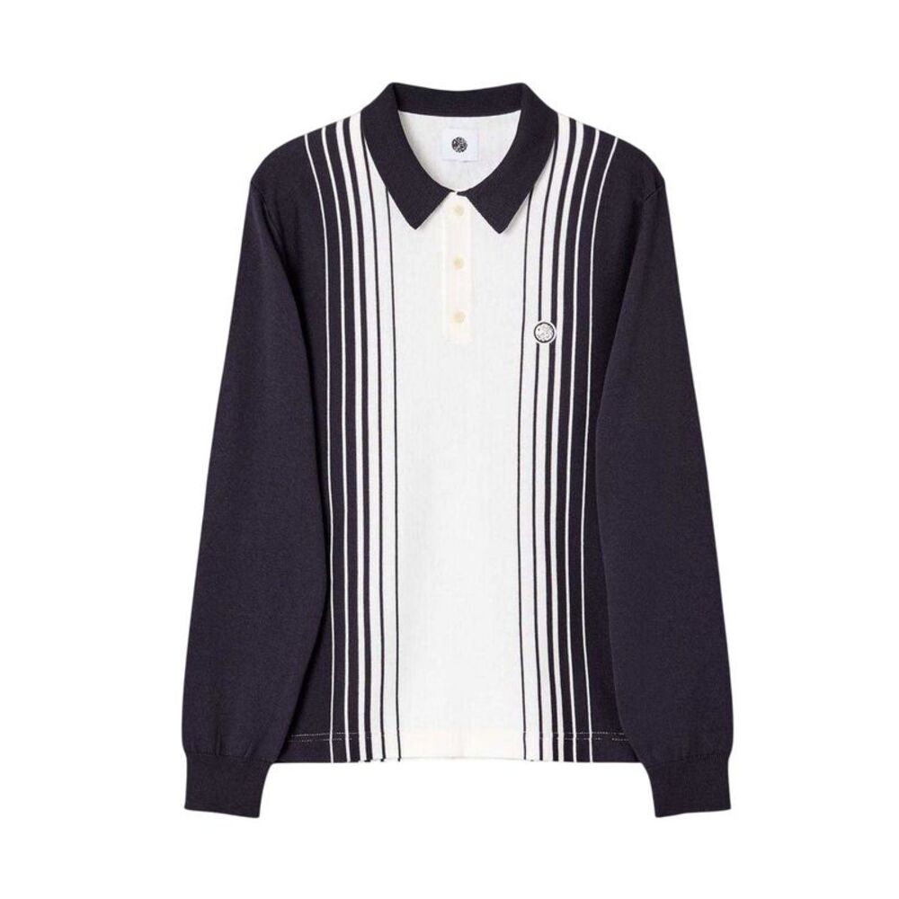 Pretty Green Mens Vertical Stripe Regular Long-Sleeved Polo Shirt / Navy